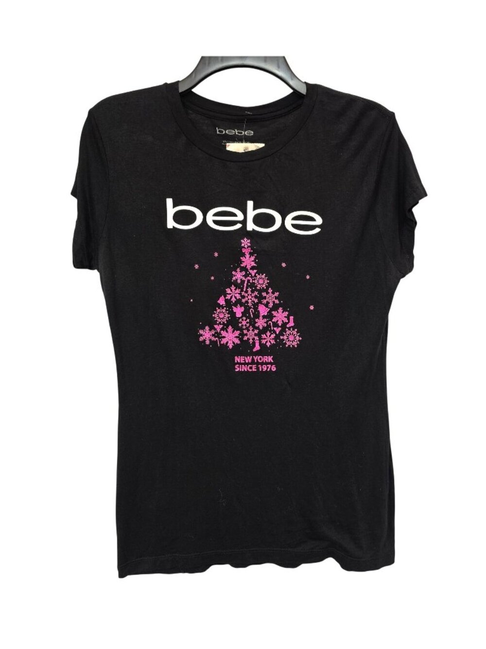 bebe Black Pink Christmas Tree Graphic T Shirt Women L Crew Neck Short Sleeve NW
